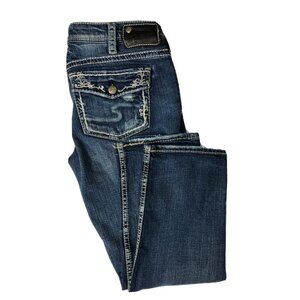 Silver Aiko Womens 30x24 Blue Denim Jeans Mid Capri Distressed Embroidered